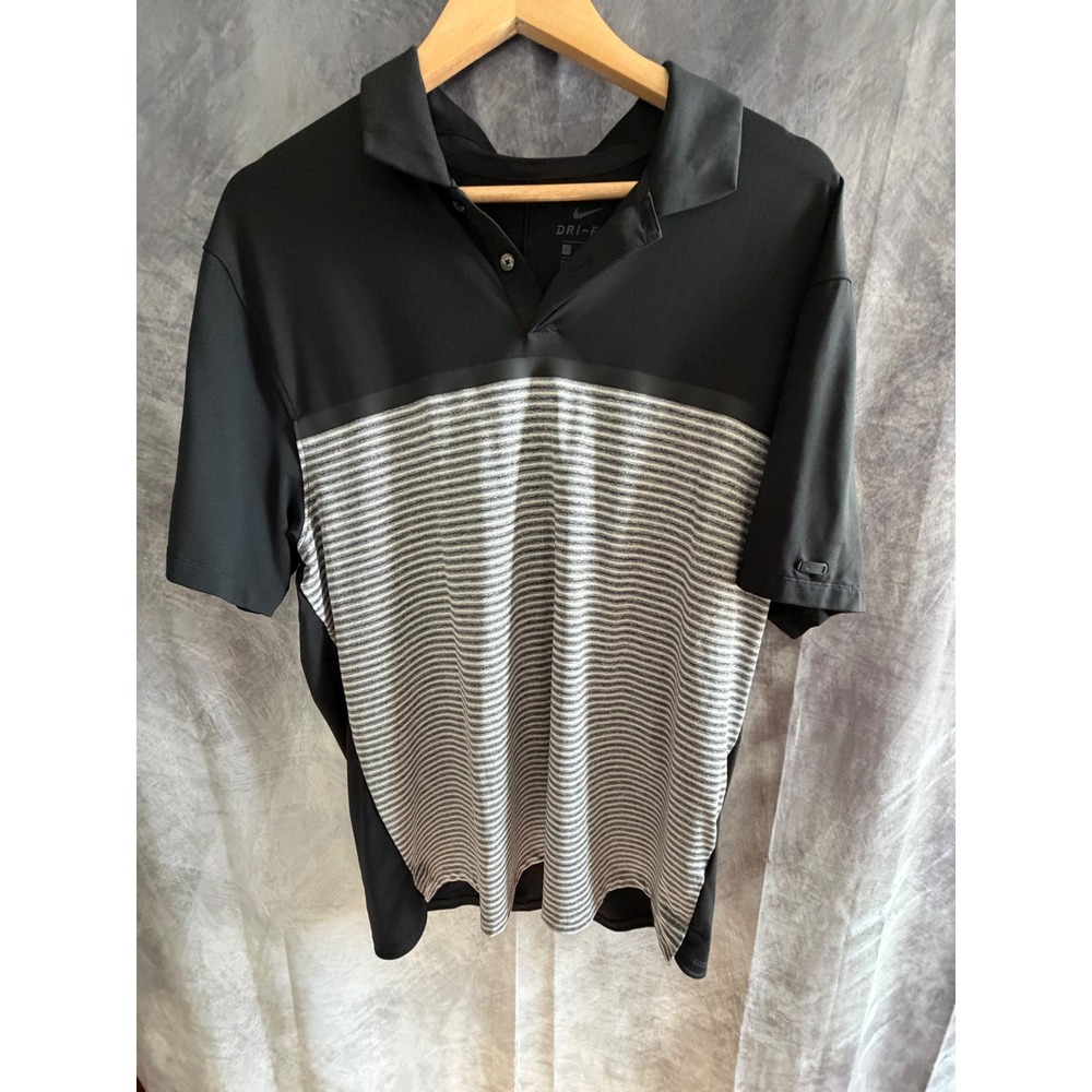 Nike Tiger Woods TW Dri-FIT Golf Polo Shirt Mens Large Black Grey Striped L